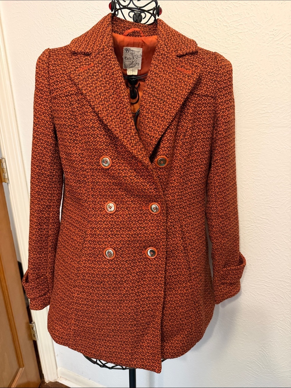 🎒🎒🎒BOGOHO🎒🎒🎒Tulle Double-Breasted Pea Coat in Burnt Orange Tweed-XS